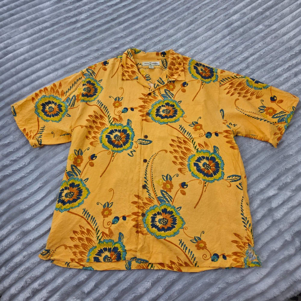 Tommy Bahama Mens XL Silk Floral Paisley Button Up Shirt Orange Yellow Short Slv